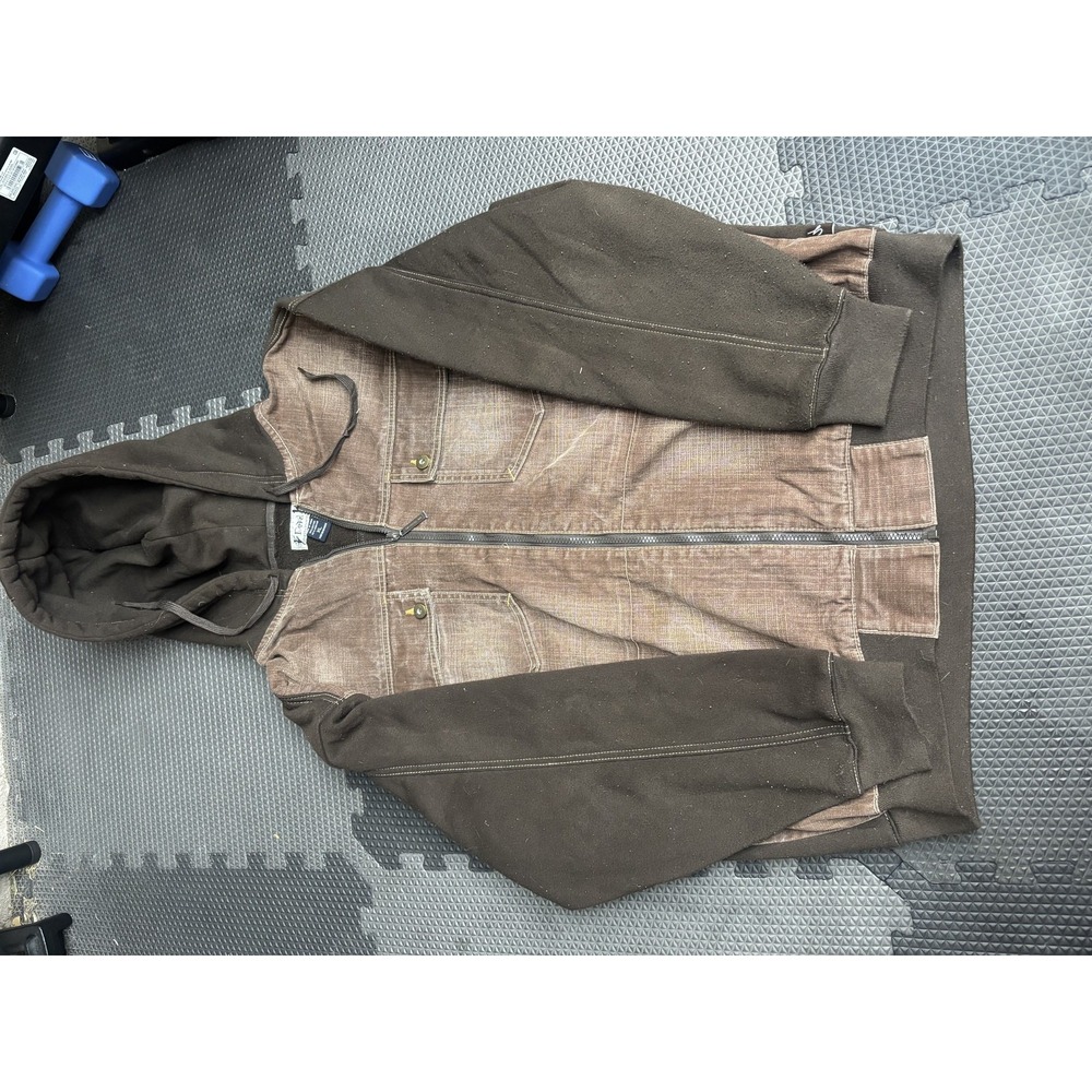 GODBODY DENIMTECH Men's XL Full Zip Hoodie Brown Tan Denim Panel Sweatshirt